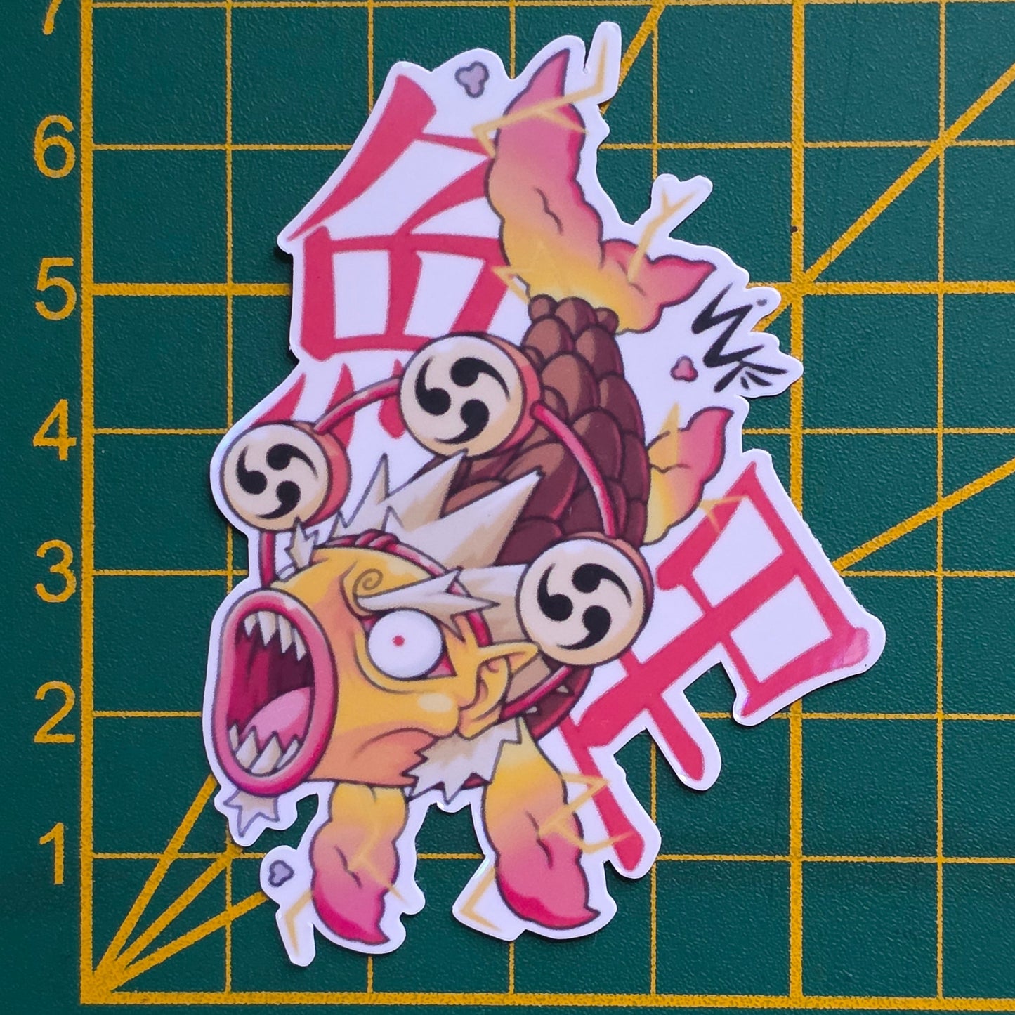 Mise à l'échelle des stickers carpes, disponibles en lots de 6. Ici on voit la carpes jaune Raijin, élément du tonnerre.