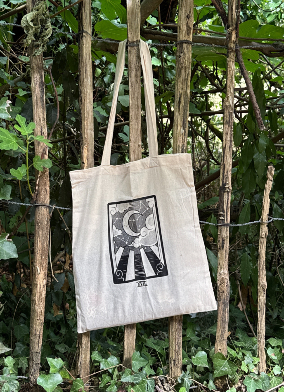 Sac shopping beige sérigrapgie artisanale tarot lune