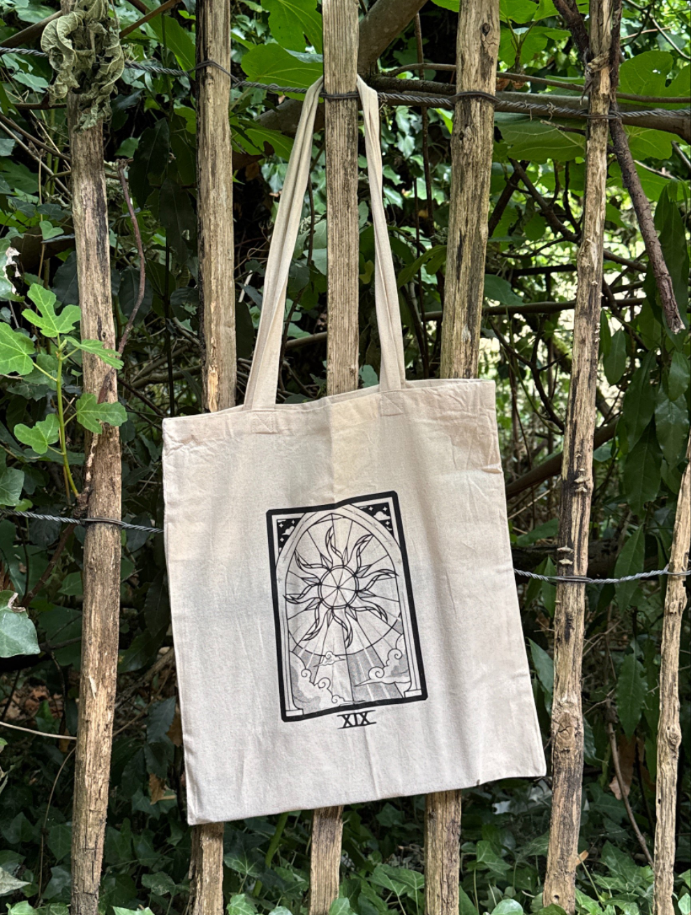 Sac de shopping beige serigraphie artisanale tarot soleil