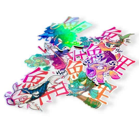 L'ensemble des carpes holographiques. Disponibles en lot de 6, collection complète.