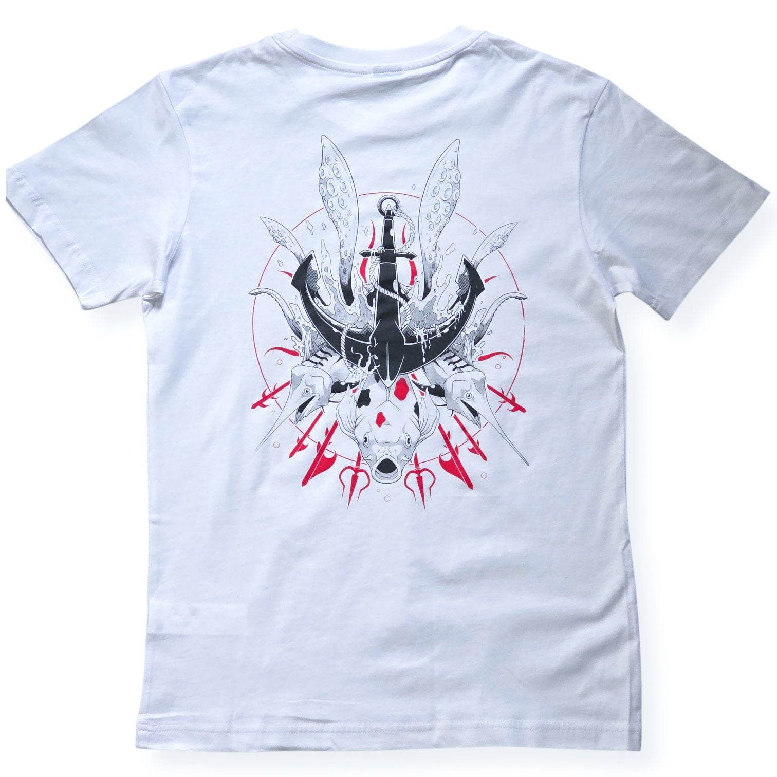 T shirt serigrpahie bicouleur poisson ancre noir et rouge sur un tee shirt blanc