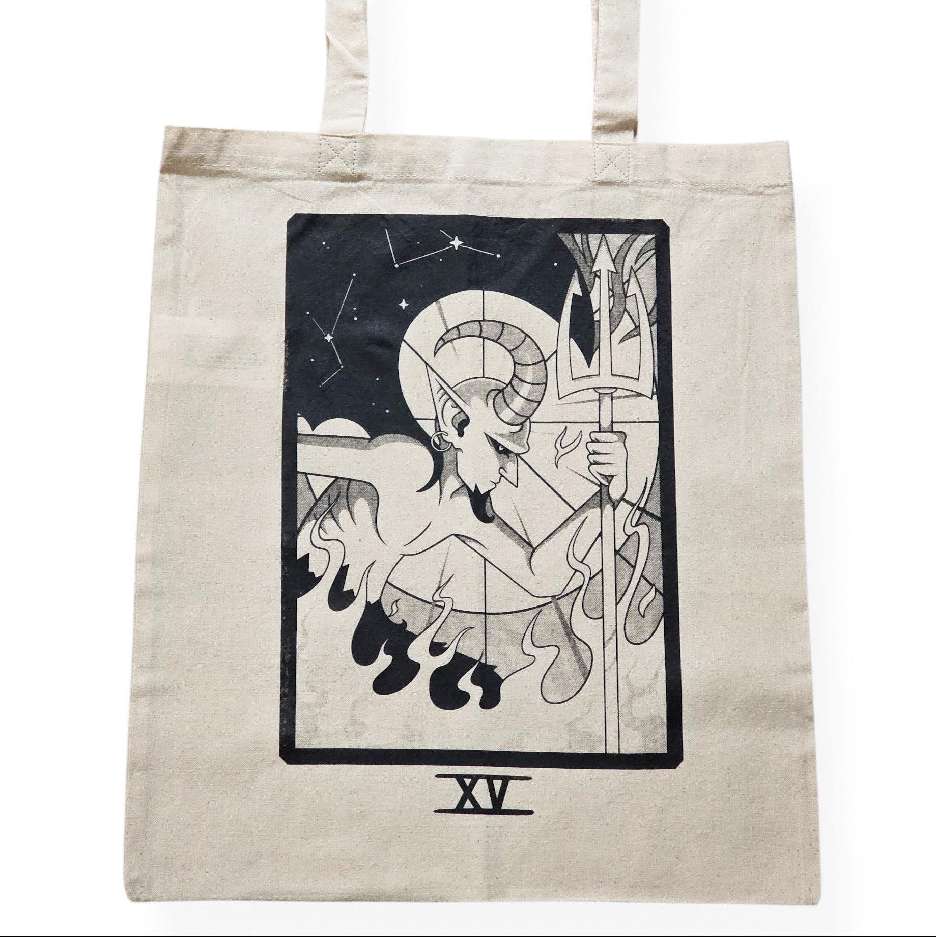 Sac serigraphie a la main en coton motif tarot diable
