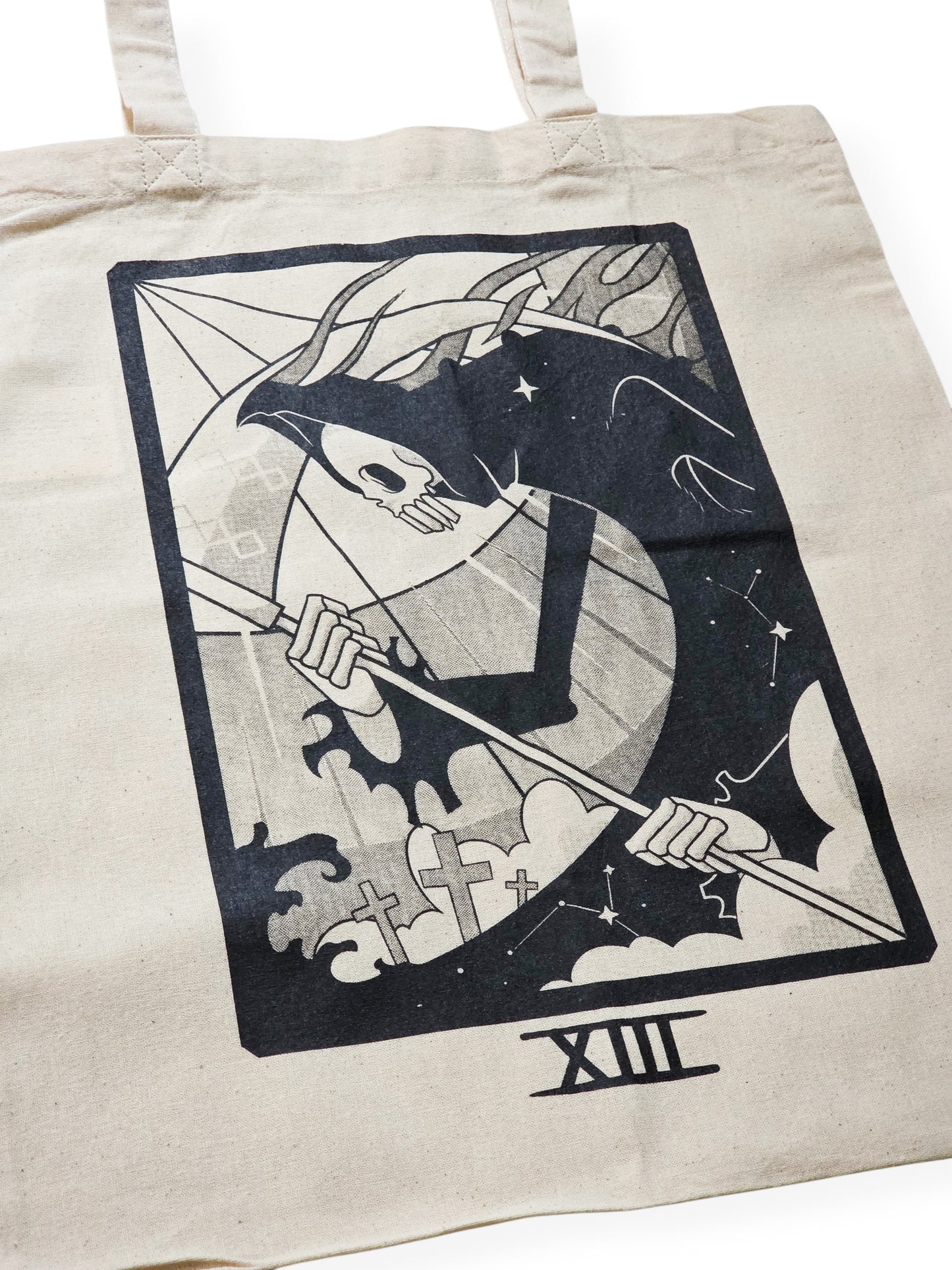 Sac en coton beige serigraphie noire artisanale carte tarot diable winkoff